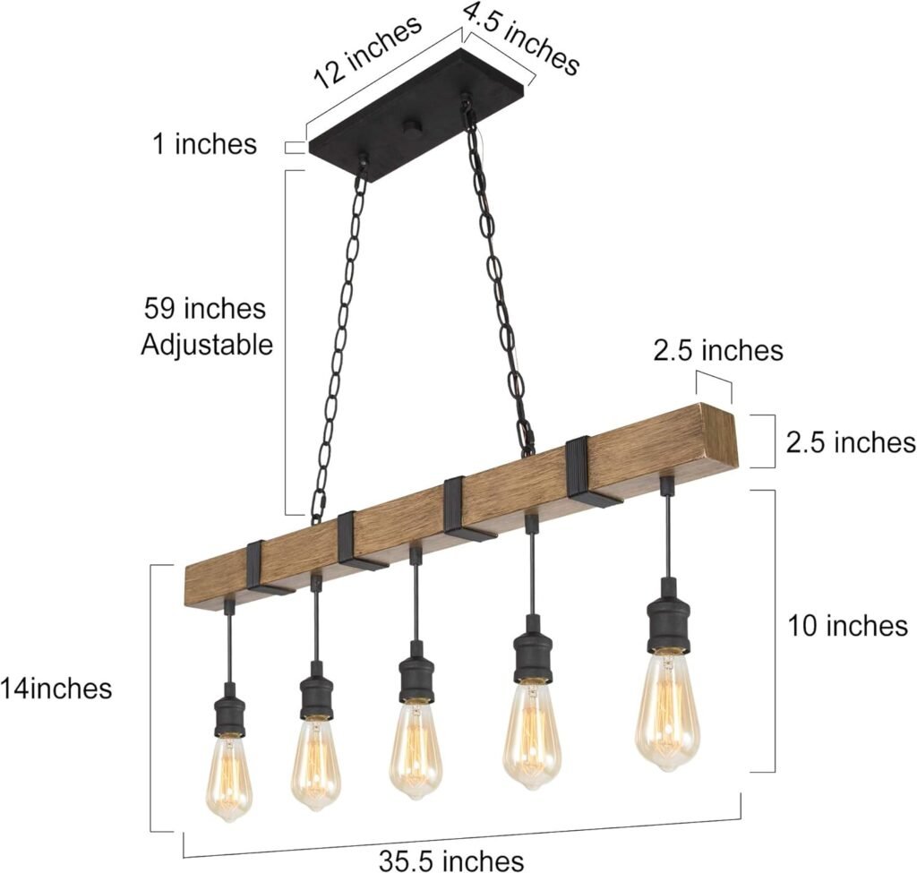 LOG BARN Kitchen Light Fixtures, Farmhouse Chandelier for Kitchen Island in Rustic Faux Wood with Black Wires, 5-Light Pendant Lighting for Dining Room