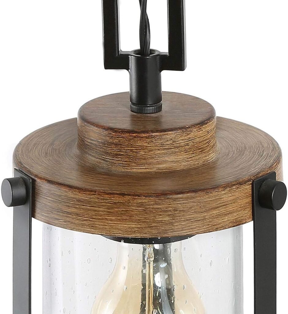 LOG BARN Pendant Lighting for Kitchen Island, Farmhouse Mini Chandelier in Faux Wood Metal with Bubbled Glass Shade, Rustic Ceiling Fixture Hanging for Dining Room, Hallway