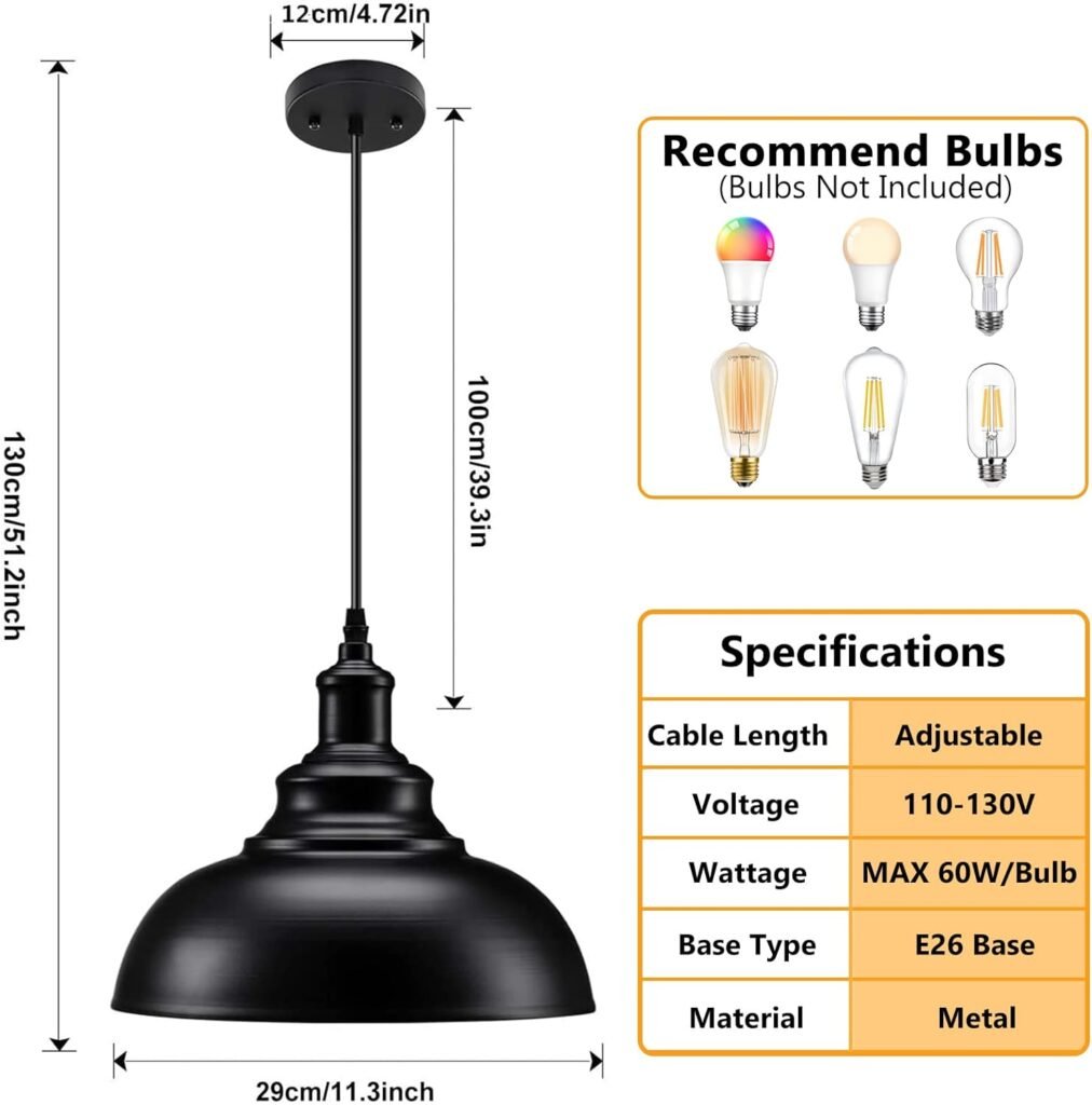 Asnxcju Farmhouse Pendant Light, Black Metal Pendant Light Fixtures, Industrial Vintage Adjustable Hanging Ceiling Light Fixture for Kitchen, Barn, Dining Room, Sink (1 Pack)