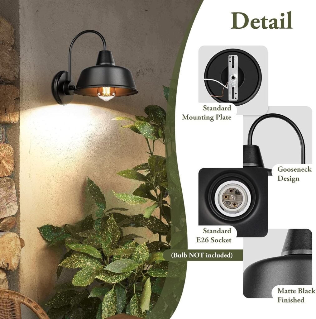 2-Pack Outdoor Wall Light Fixtures, Farmhouse Gooseneck Barn Light, Black Industrial Exterior Wall Sconces with E26 Socket, Anti-Rust Front Porch Lights for House, Patio, Outside, Garage, Doorway