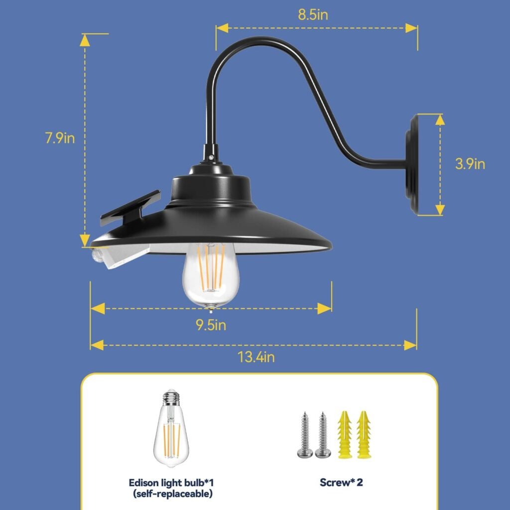 APONUO Solar Barn Light with 3 Lighting Modes, Solar Wall Lights Outdoor Motion Sensor Waterproof Rustic Vintage Gooseneck Solar Shed Light for Barn, Wall, Farmhouse, Chicken Coop (White Lighting)