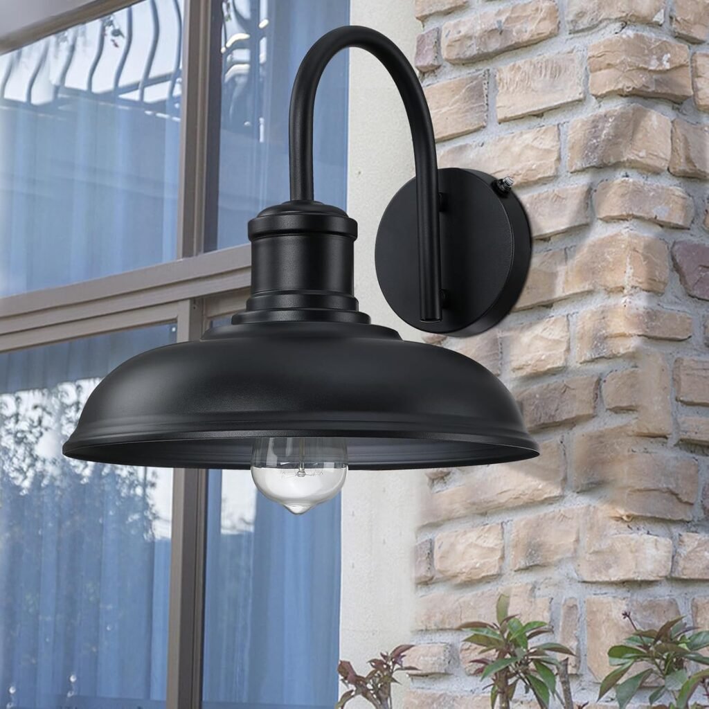 Dusk to Dawn Gooseneck Outdoor Light Fixtures, 2-Pack Farmhouse Barn Lights for Porch, Industrial Black Exterior Wall Sconce for Garage, Patio, E26 Base Anti-Rust for Garage Frontdoor Entryway Doorway