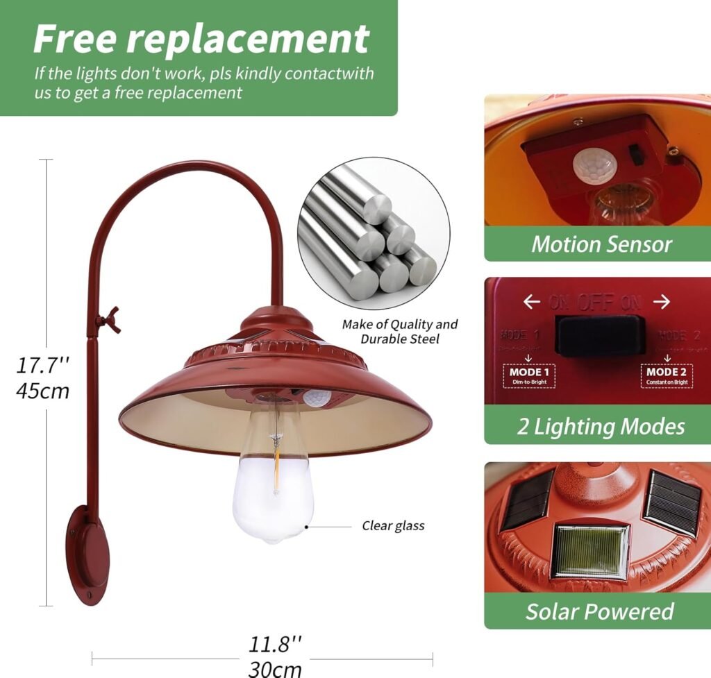 Solar Motion Sensor Lights Outdoor - Waterproof Wireless with 2 Motion Sensor Modes, Solar Barn Lights Outdoor Rustic Sconce Lights for Patio Yard Garage Chicken Coop and Shed Farmhouse（Red）