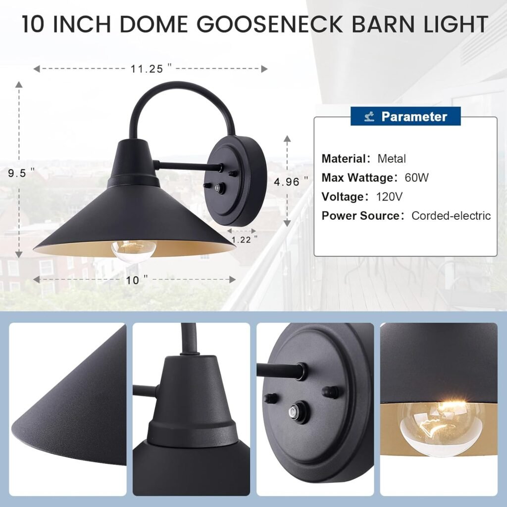 10in Dusk to Dawn Outdoor Barn Light Black Outside Gooseneck Lighting Wall Mount Brass Interior 1 Pack External Farmhouse Wall Sconce Exterior External Porch Wall Lighting Fixture for Garage