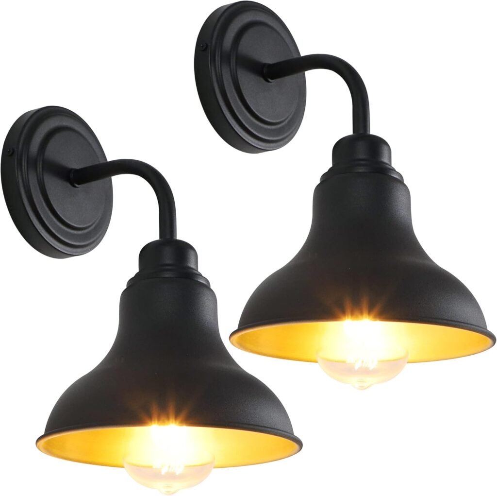 Outdoor Gooseneck Barn Light Fixture 2 Packs - Farmhouse Porch Lights, Vintage Indoor Black Wall Sconce, Outside Lights for House Garage Patio, IP65 Waterproof, BD017-1-BK